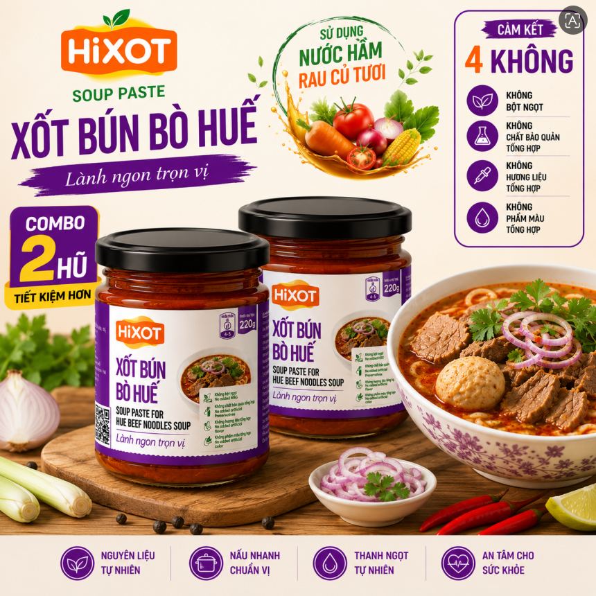 COMBO 2 Sốt Bún Bò Huế HiXOT Hũ 220Gram, gia vị hoàn chỉnh, không cần nêm nếm, thơm ngon đậm vị