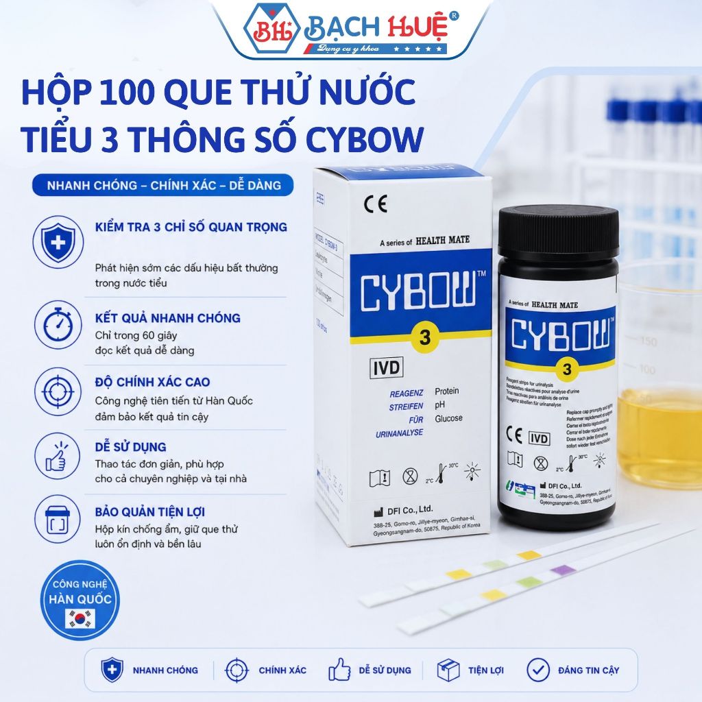 Hộp 100 Que Thử Nước Tiểu 3 Thông Số Cybow Hàn Quốc – Que Test Nước Tiểu Kiểm Tra Sức Khỏe