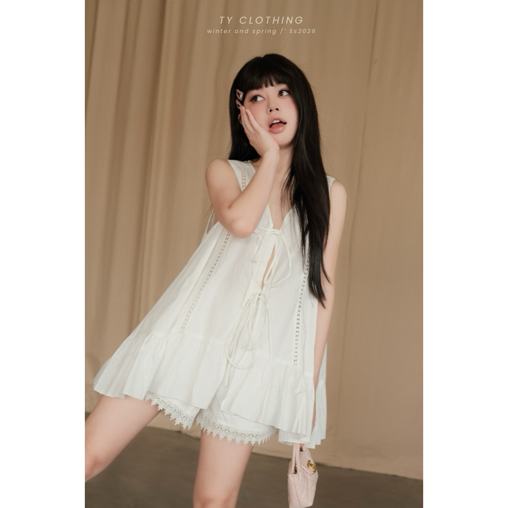 Set Đồ Nữ Áo Thô Babydoll Dây Thắt Nơ Trắng Trước Ngực Kèm Quần - Hàng Thiết Kế - TY CLOTHING