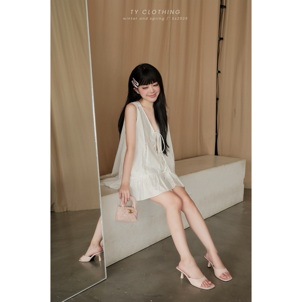 Set Đồ Nữ Áo Thô Babydoll Dây Thắt Nơ Trắng Trước Ngực Kèm Quần - Hàng Thiết Kế - TY CLOTHING