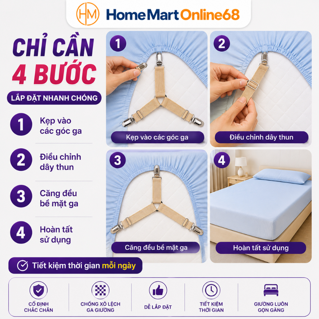 HM66563 Bộ 4 Kẹp giữ cố định Ga Giường Drap Chống Xê Dịch HM68