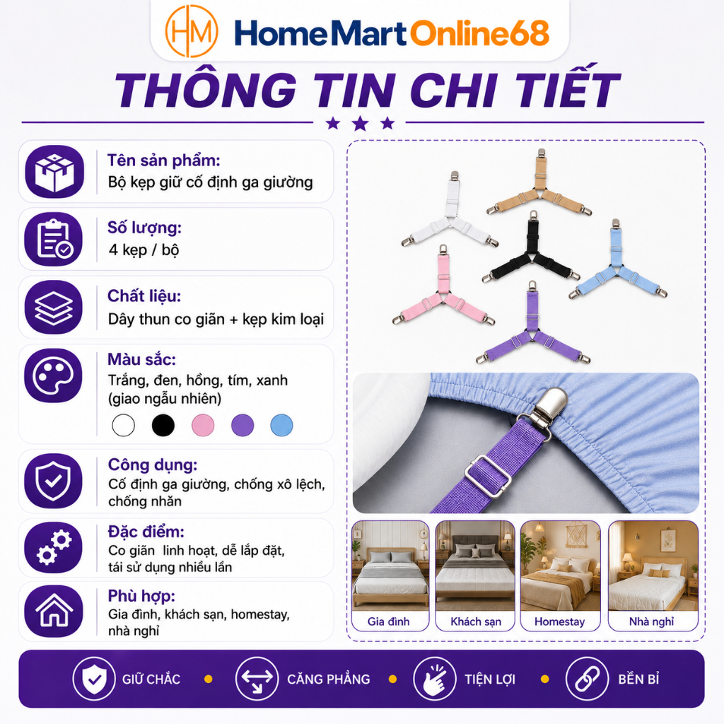HM66563 Bộ 4 Kẹp giữ cố định Ga Giường Drap Chống Xê Dịch HM68