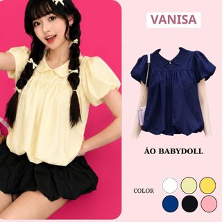Áo babydoll nữ cổ bèo sen dáng rộng tay phồng chất voan mềm vàng trắng xanh mint đen VANISA SM105