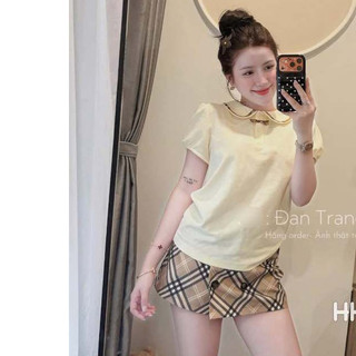 Sét áo cổ sen viền cộc kèm chân váy kẻ ngắn