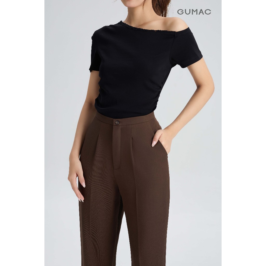 Quần Tây Nữ GUMAC Form Ống Đứng Ly Eo Nút Gỗ Poly Chéo Thanh Lịch QG05026
