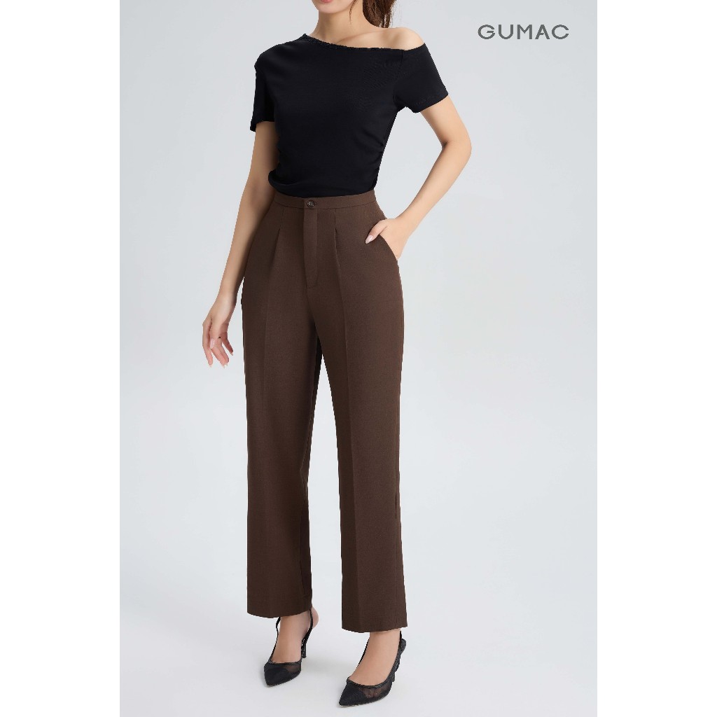 Quần Tây Nữ GUMAC Form Ống Đứng Ly Eo Nút Gỗ Poly Chéo Thanh Lịch QG05026