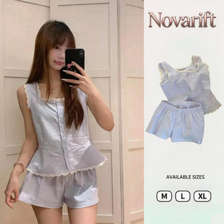 Nova-Bộ đồ mặc nhà nữ set kẻ sọc xanh phối viền ren dễ thương mặc nhà đơn giản tiểu thư mùa hè ba lỗ