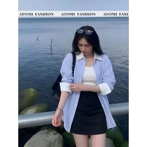 Áo Sơ Mi Nữ Kẻ Xanh Dài Tay Phối Trắng Cổ Bẻ Size S M L XL XXL - Áo Sơ Mi Nữ Thô Kẻ Phối Cổ Trắng XANH CỔ BẺ