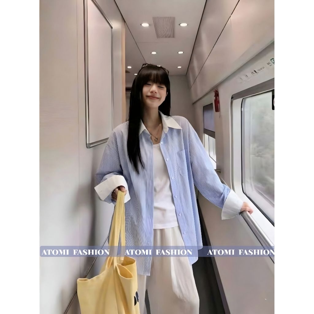 Áo Sơ Mi Nữ Kiểu Kẻ Sọc Phối Cổ Trắng Tay Dài - Lụa Kate Mềm Mại Thoáng Mát Đủ Size 40-68kg XANH CỔ BẺ