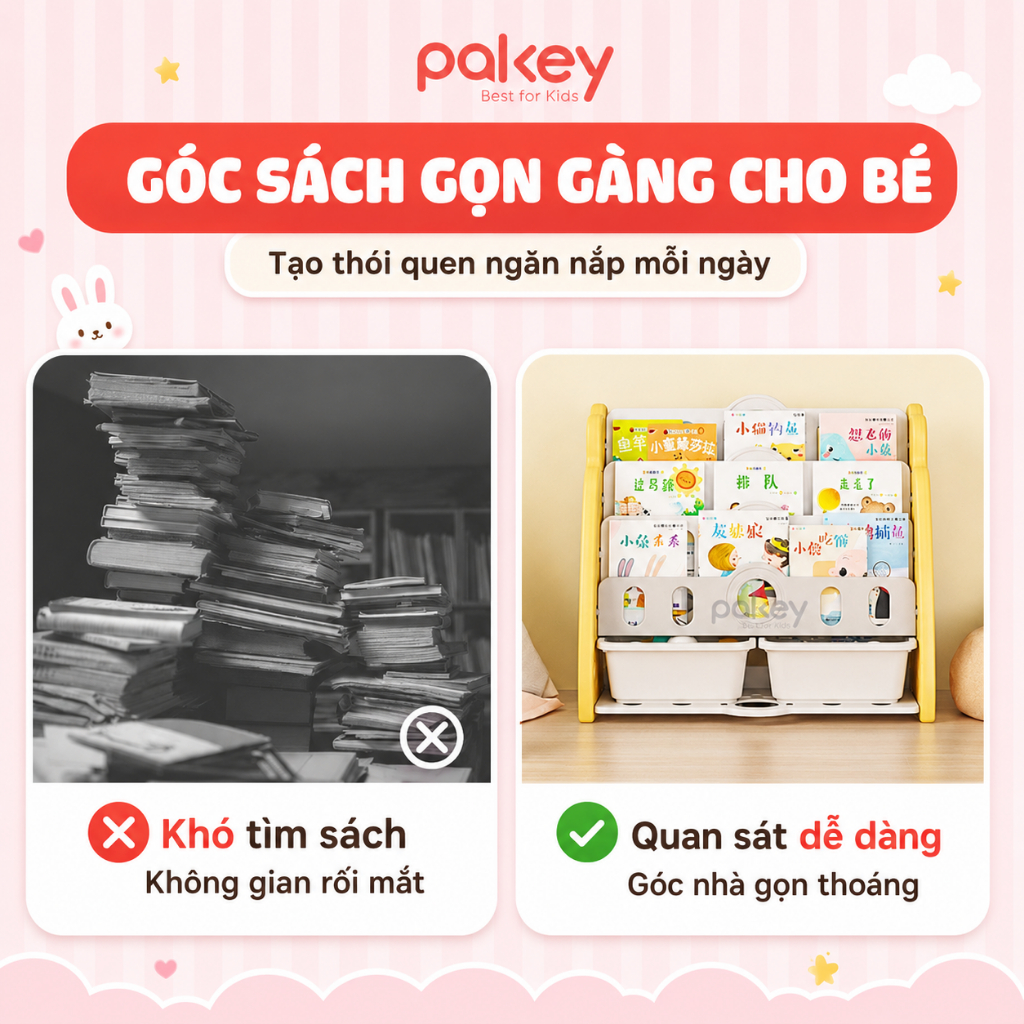 Giá Sách Cho Bé Kèm Hộc Đồ Chơi Pakey - Kệ Sách Nhựa Hình Carot Sẵn 3 Màu Đáng Yêu - Bảo Hành 1 Năm