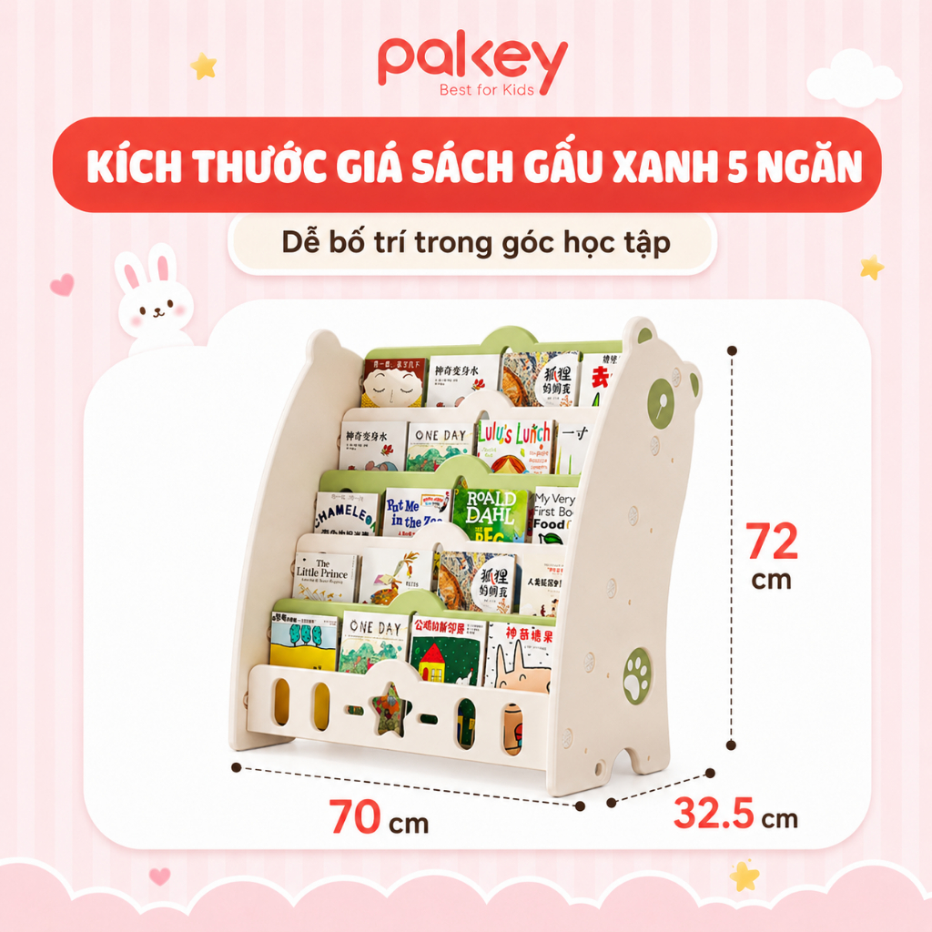 Giá Sách Cho Bé Kèm Hộc Đồ Chơi Pakey - Kệ Sách Nhựa Hình Carot Sẵn 3 Màu Đáng Yêu - Bảo Hành 1 Năm