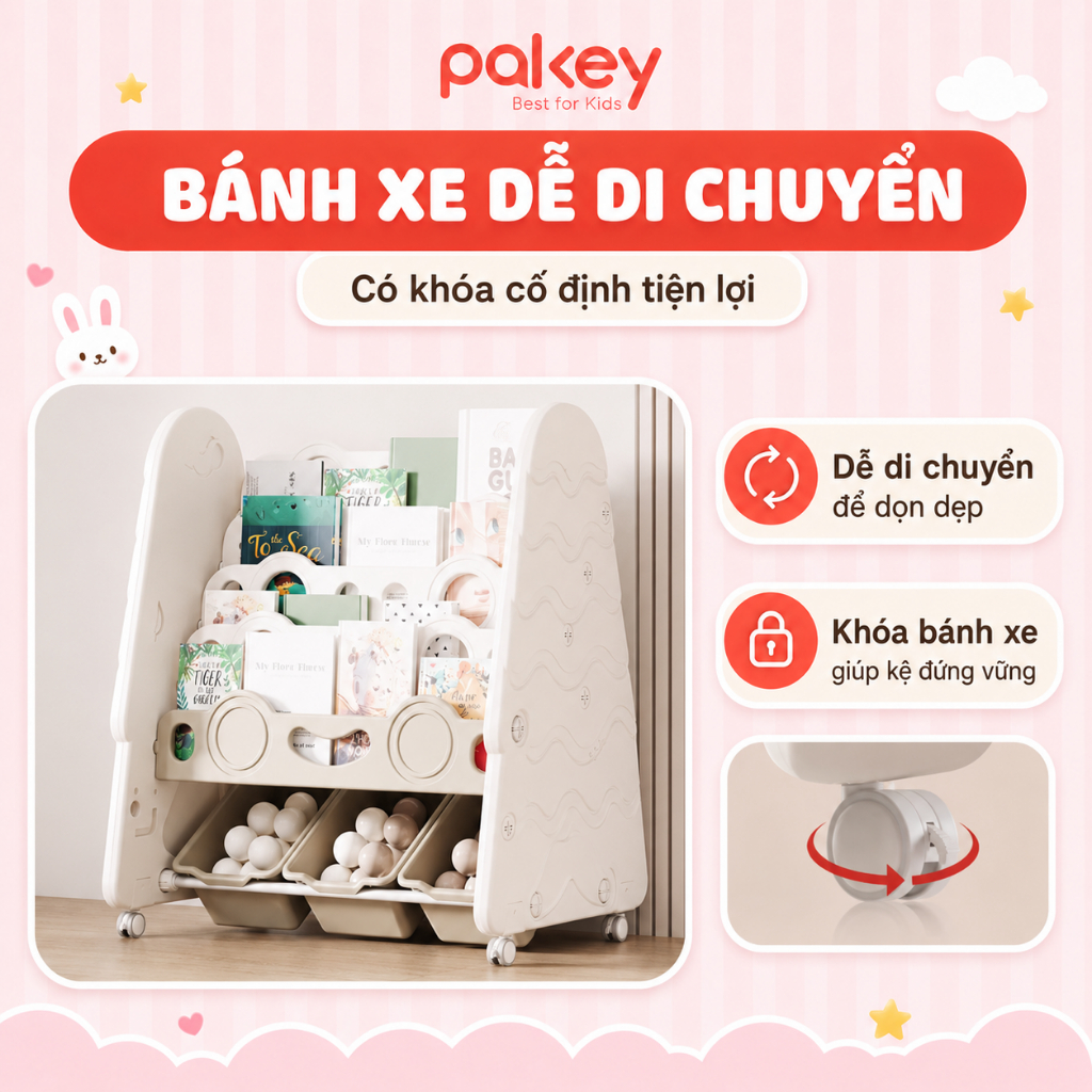 Giá Sách Cho Bé Kèm Hộc Đồ Chơi Pakey - Kệ Sách Nhựa Hình Carot Sẵn 3 Màu Đáng Yêu - Bảo Hành 1 Năm