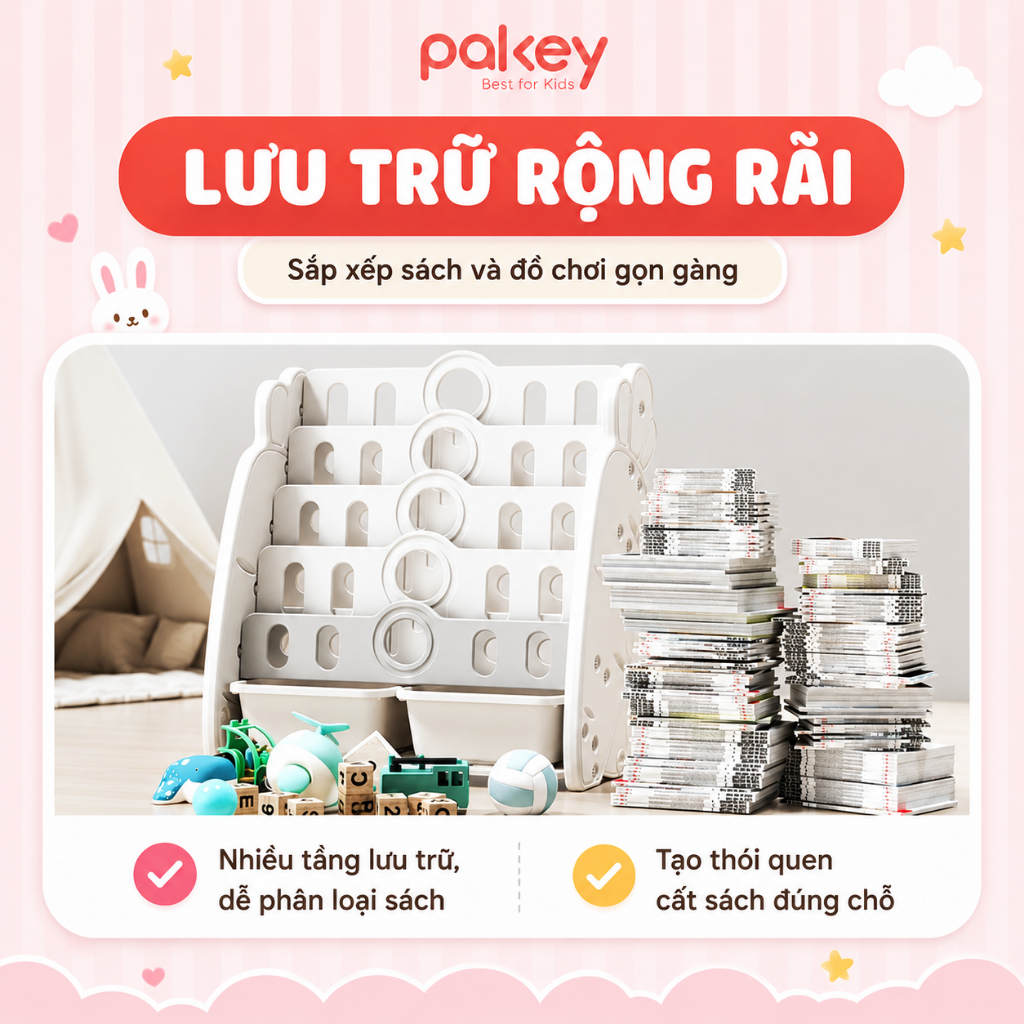 Giá Sách Cho Bé Kèm Hộc Đồ Chơi Pakey - Kệ Sách Nhựa Hình Carot Sẵn 3 Màu Đáng Yêu - Bảo Hành 1 Năm