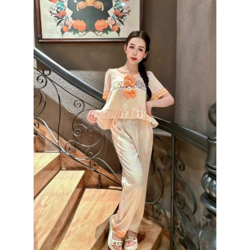 LATIN H5 FREE SIZE (40-65KG) LỤA LATIN HAI NƠ BÈO DÀI QUẦN NGẮN TAY HỌA TIẾT DỄ THƯƠNG