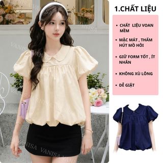 Áo sơ mi dáng bí form rộng cổ sen tay phồng voan mềm vàng xanh đen hồng VANISA SM105