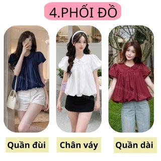 Áo sơ mi dáng bí form rộng cổ sen tay phồng voan mềm vàng xanh đen hồng VANISA SM105