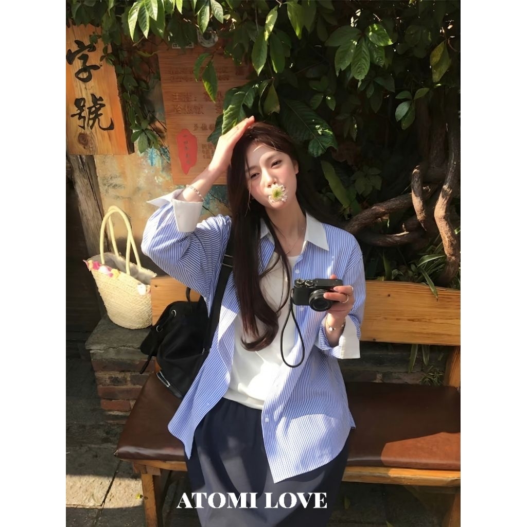 Áo Sơ Mi Nữ Kẻ Xanh Chất Kate Không Nhăn KẺ XANH CỔ BẺ