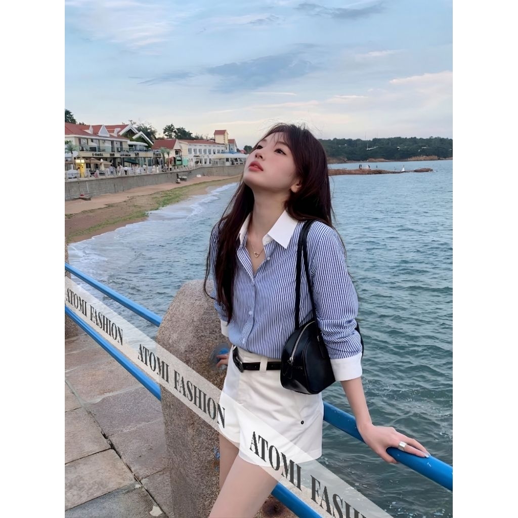 Áo Sơ Mi Nữ Kẻ Xanh Chất Kate Không Nhăn KẺ XANH CỔ BẺ