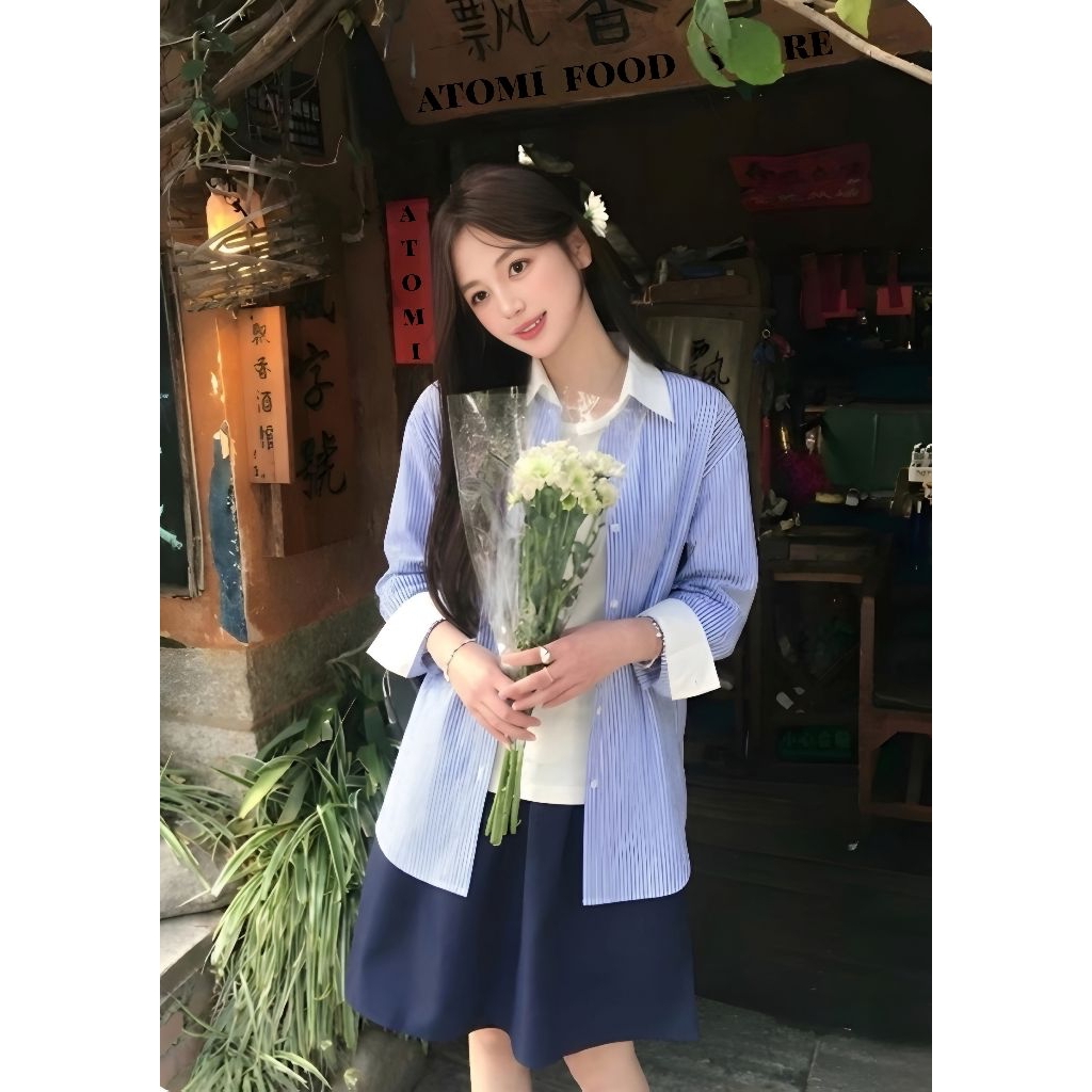 Áo Sơ Mi Nữ Kẻ Xanh Chất Kate Không Nhăn KẺ XANH CỔ BẺ