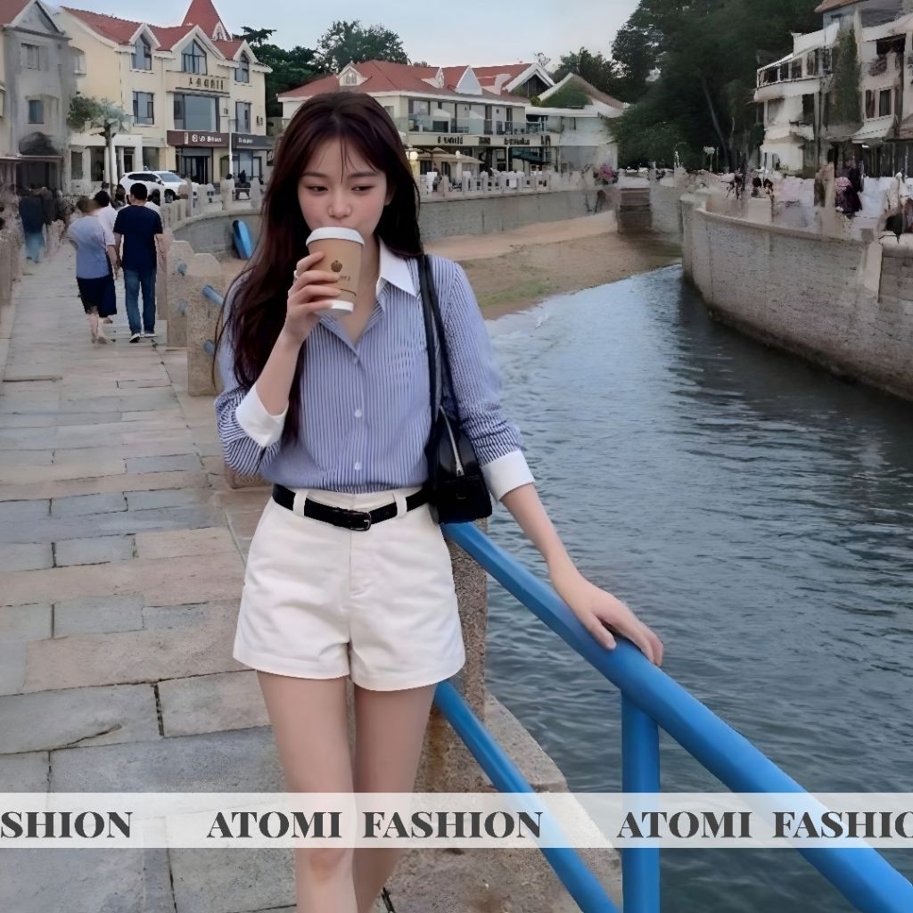 Áo Sơ Mi Nữ Kẻ Xanh Chất Kate Không Nhăn KẺ XANH CỔ BẺ