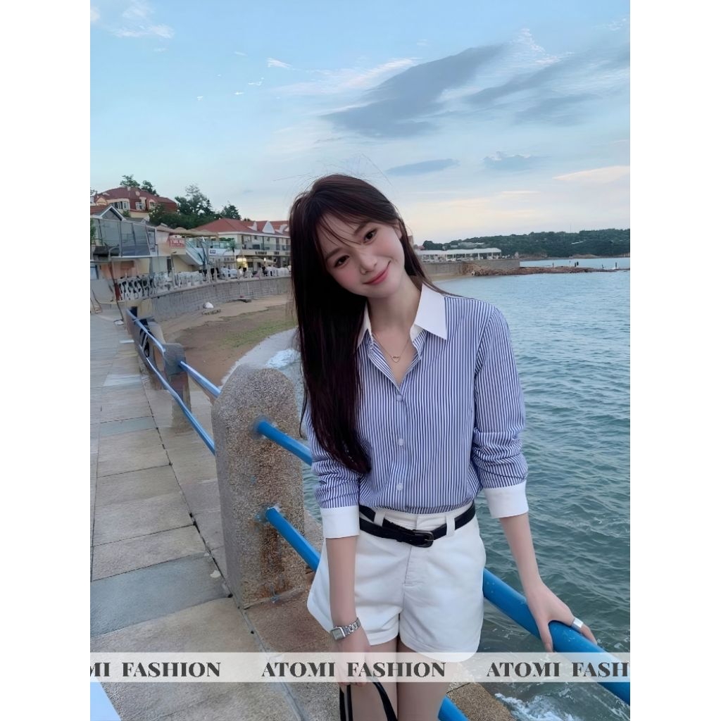 Áo Sơ Mi Nữ Kẻ Xanh Chất Kate Không Nhăn KẺ XANH CỔ BẺ