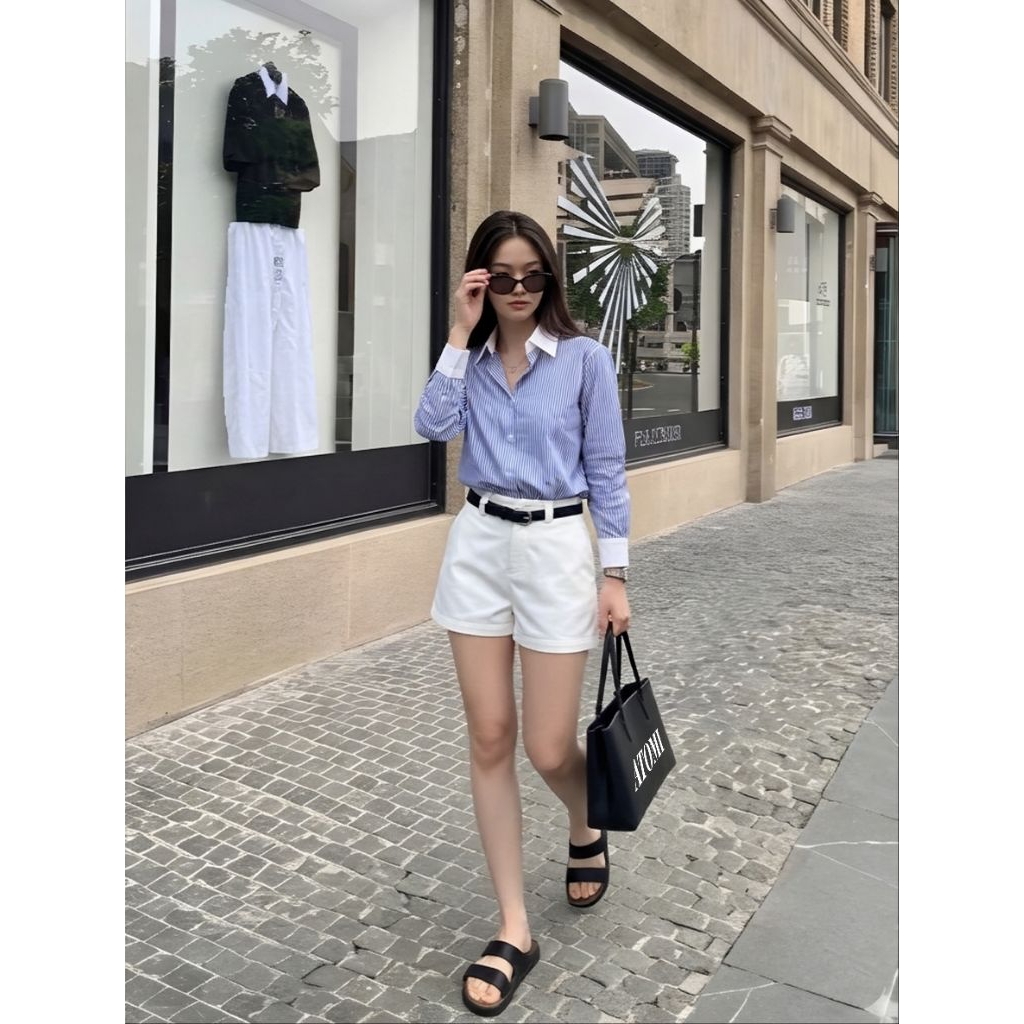 Áo sơ mi nữ tay dài cotton 80 xanh sọc trắng freesize công sở,sang trọng,trẻ trung thanh lịch XANH CỔ BẺ
