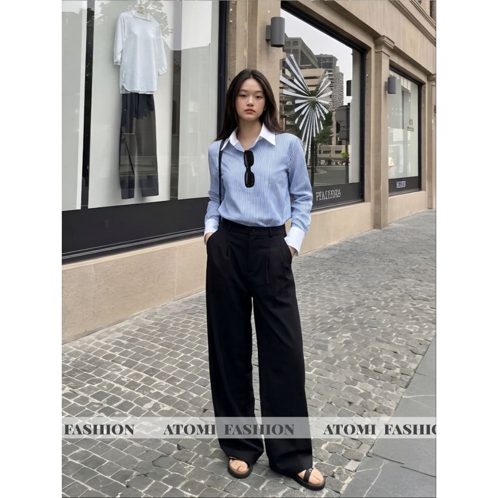 Áo sơ mi nữ tay dài cotton 80 xanh sọc trắng freesize công sở,sang trọng,trẻ trung thanh lịch XANH CỔ BẺ