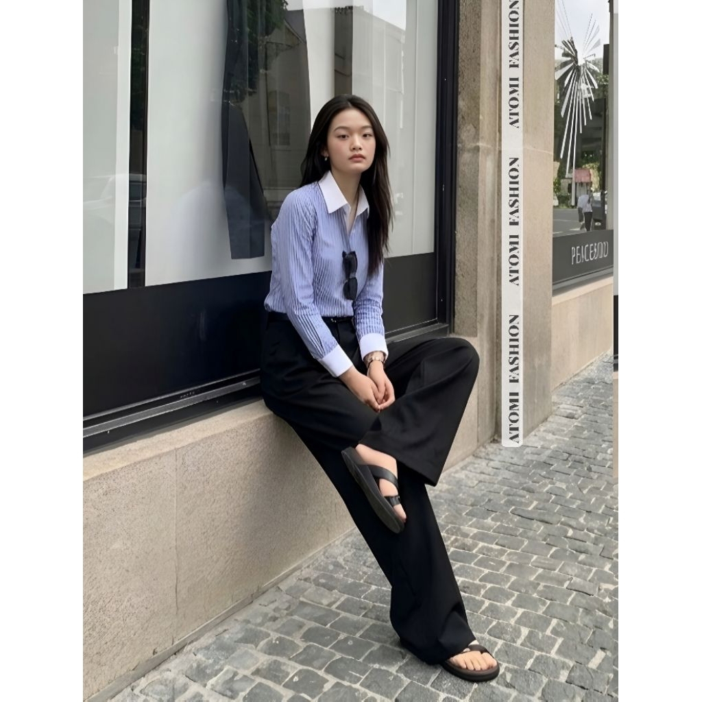 Áo sơ mi nữ tay dài cotton 80 xanh sọc trắng freesize công sở,sang trọng,trẻ trung thanh lịch XANH CỔ BẺ