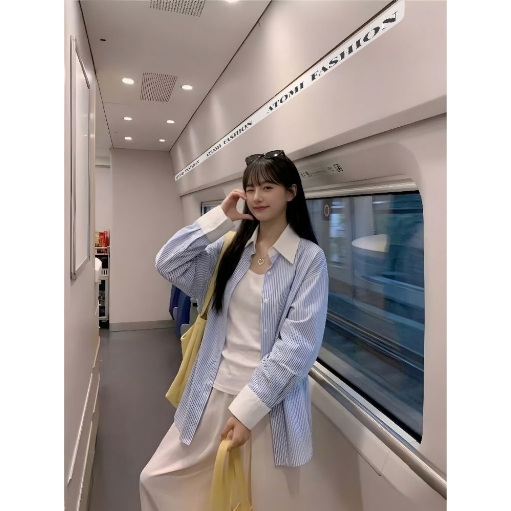 Áo Sơ Mi Nữ Kiểu Kẻ Sọc Phối Cổ Trắng Tay Dài - Lụa Kate Mềm Mại Thoáng Mát Đủ Size 40-68kg XANH CỔ BẺ