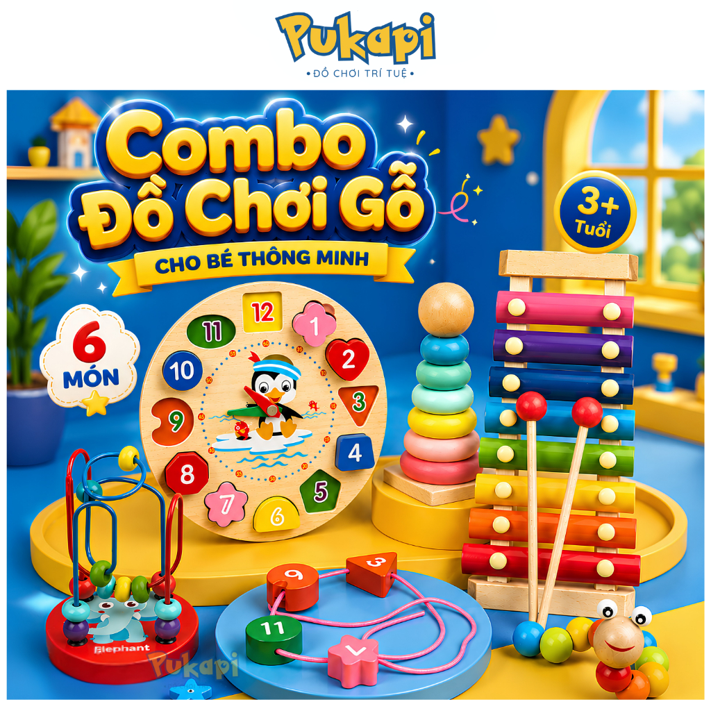 Bộ Đồ Chơi Bằng Gỗ Cho Bé Combo Gỗ 6 Món, Đồ Chơi An Toàn Cho Bé - Đồ Chơi Cho Bé PUKAPI