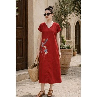 SWANLAKE | Váy Đầm Nữ Maxi Suông Tay Hến Cổ Chữ V Vải Linen Thêu Hoa Công Sở Dạo Phố Hè D13729