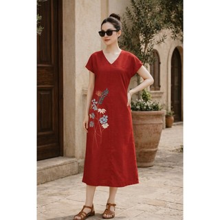 SWANLAKE | Váy Đầm Nữ Maxi Suông Tay Hến Cổ Chữ V Vải Linen Thêu Hoa Công Sở Dạo Phố Hè D13729