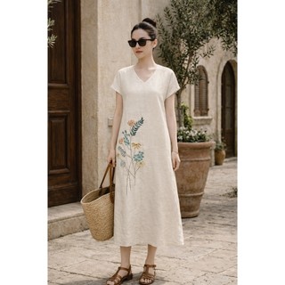 SWANLAKE | Váy Đầm Nữ Maxi Suông Tay Hến Cổ Chữ V Vải Linen Thêu Hoa Công Sở Dạo Phố Hè D13729