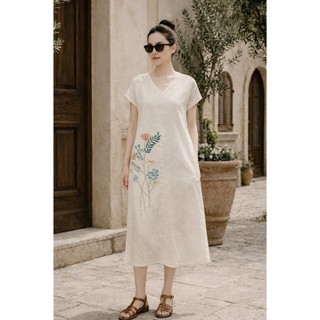 SWANLAKE | Váy Đầm Nữ Maxi Suông Tay Hến Cổ Chữ V Vải Linen Thêu Hoa Công Sở Dạo Phố Hè D13729