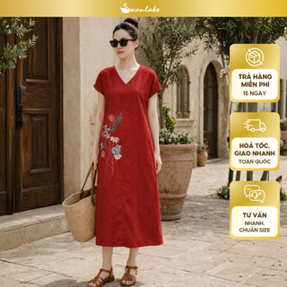 SWANLAKE | Váy Đầm Nữ Maxi Suông Tay Hến Cổ Chữ V Vải Linen Thêu Hoa Công Sở Dạo Phố Hè D13729