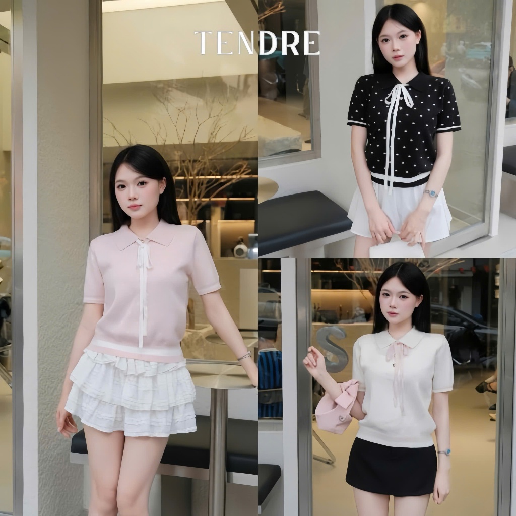 TENDRE - Áo Len Dệt Kim Phối Họa Tiết Chấm Bi Kèm Dây Nơ Nhẹ Nhàng Basic, Áo Len Polo Dệt Kim Thanh Lịch B24