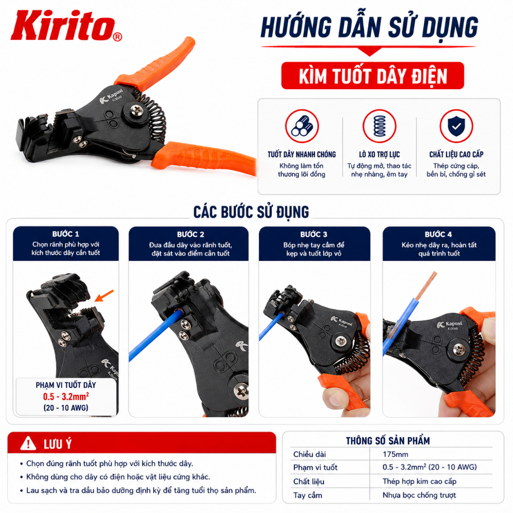 Kìm Tuốt Dây Điện Tự Động Kapusi K0340 Cao Cấp – Tuốt Nhanh 0.5–3.2mm², Chính Xác, Bền Bỉ