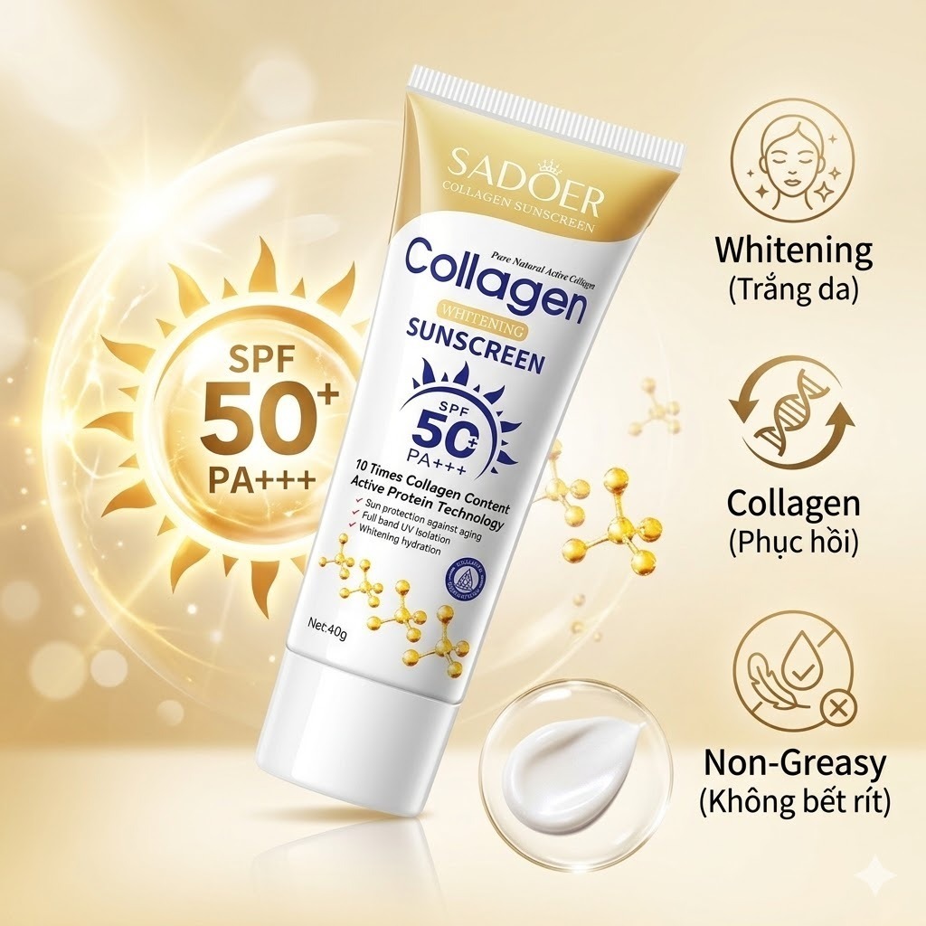 Kem Chống Nắng Collagen  SPF50+ PA++++ Chống Lão Hóa Dưỡng Ẩm Căng Mịn Không Bị Trắng Xám
