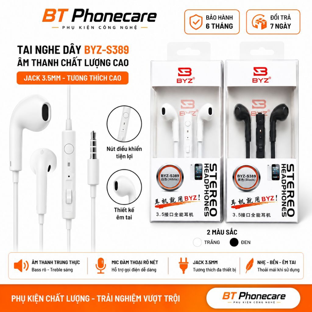 Tai nghe có dây BYZ S389 Jack 3.5mm – Có Mic Đàm Thoại – Âm Thanh Stereo – Tương Thích Android, Laptop, PC