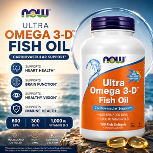 NOW Ultra Omega 3-D Fish Oil Chính Hãng – 600 EPA / 300 DHA, Vitamin D3 1000 IU, 180 Viên Nang Mềm Dầu Cá