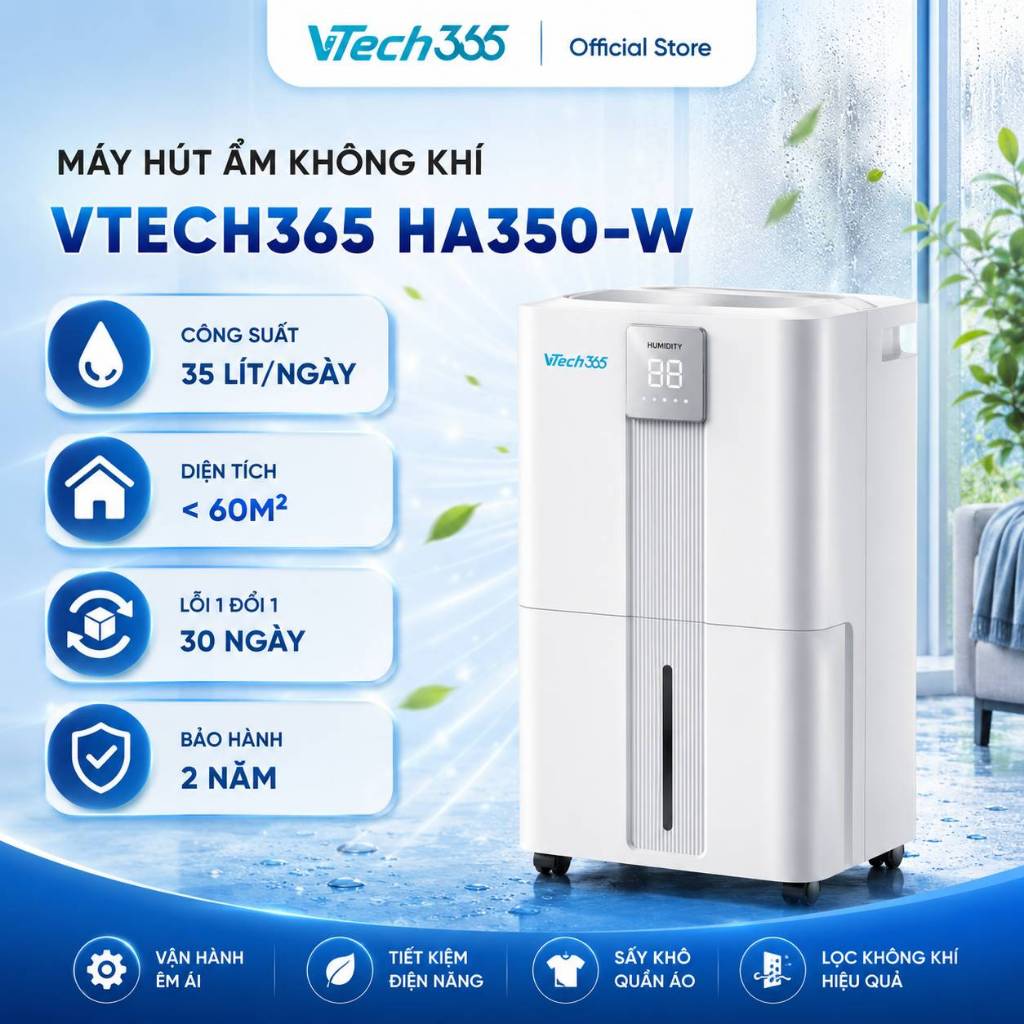 Máy Hút Ẩm Không Khí VTech365 HA350, Ion diệt khuẩn có Wifi công suất lớn, Sấy Quần Áo phòng 60m2