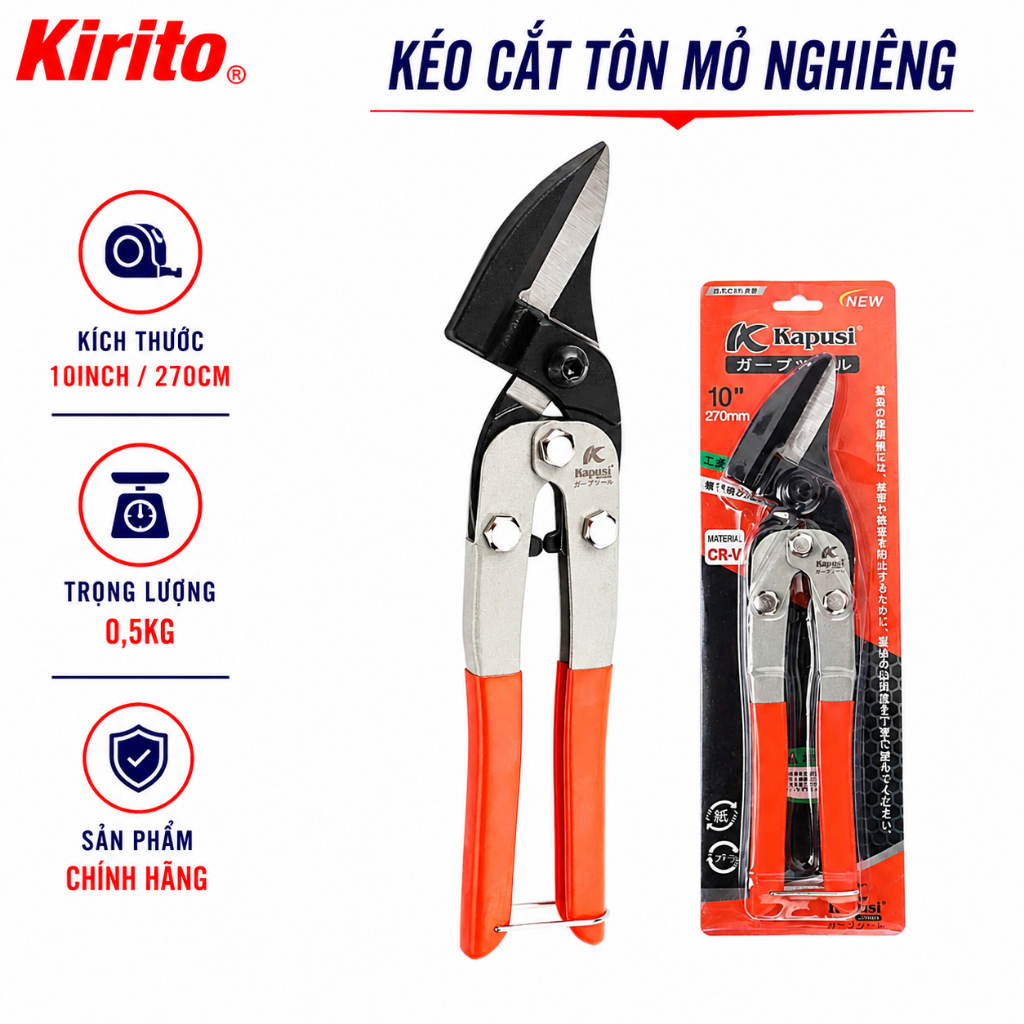 Kéo Cắt Tôn Mỏ Nghiêng 45 Độ Kapusi K0077 10 Inch Chính Hãng, Lưỡi Thép CR-V Cắt Tôn Sắc Bén