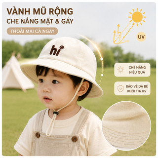 Mũ Bucket Cho Bé 2-6 Tuổi Thêu Chữ Hi, Mũ Chống Nắng Trẻ Em Có Dây Quai Điều Chỉnh Cho Bé 2-6 Tuổi