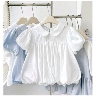 Áo babydoll nữ bí phồng cổ sen ngắn tay che bụng voan mềm vàng xanh hồng trắng đen VANISA SM105