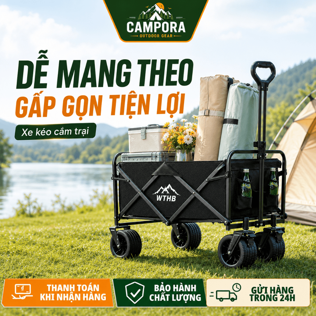 Xe đẩy cắm trại gấp gọn siêu nhẹ, kéo đa năng dã ngoại, bền chắc, dễ gấp bỏ cốp xe. Chở đồ gọn, đi chơi nhẹ hơn.