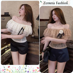 Set bộ đồ nữ áo trễ vai phối bèo tầng đính hoa nơ chất ren lưới mix quần short ngắn đi chơi HCOM27418