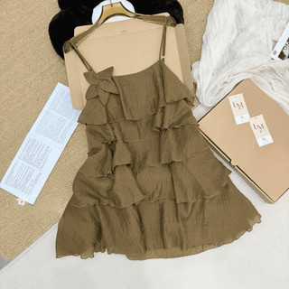 Váy babydoll 2 dây xếp tầng bèo nhún dáng xòe rộng phong cách tiểu thư dễ thương mặc đi biển đi chơi mùa hè