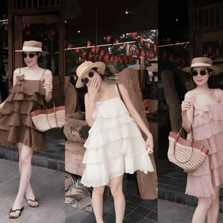 Váy babydoll 2 dây xếp tầng bèo nhún dáng xòe rộng phong cách tiểu thư dễ thương mặc đi biển đi chơi mùa hè