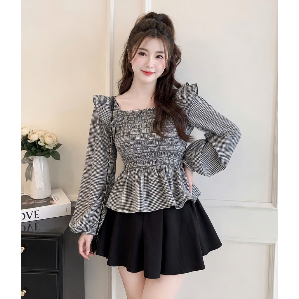 Áo Kiểu Bigsize Nữ Caro Nhún Thân Tay Dài Bồng Dáng Xòe Che Bụng 55-95kg SM37