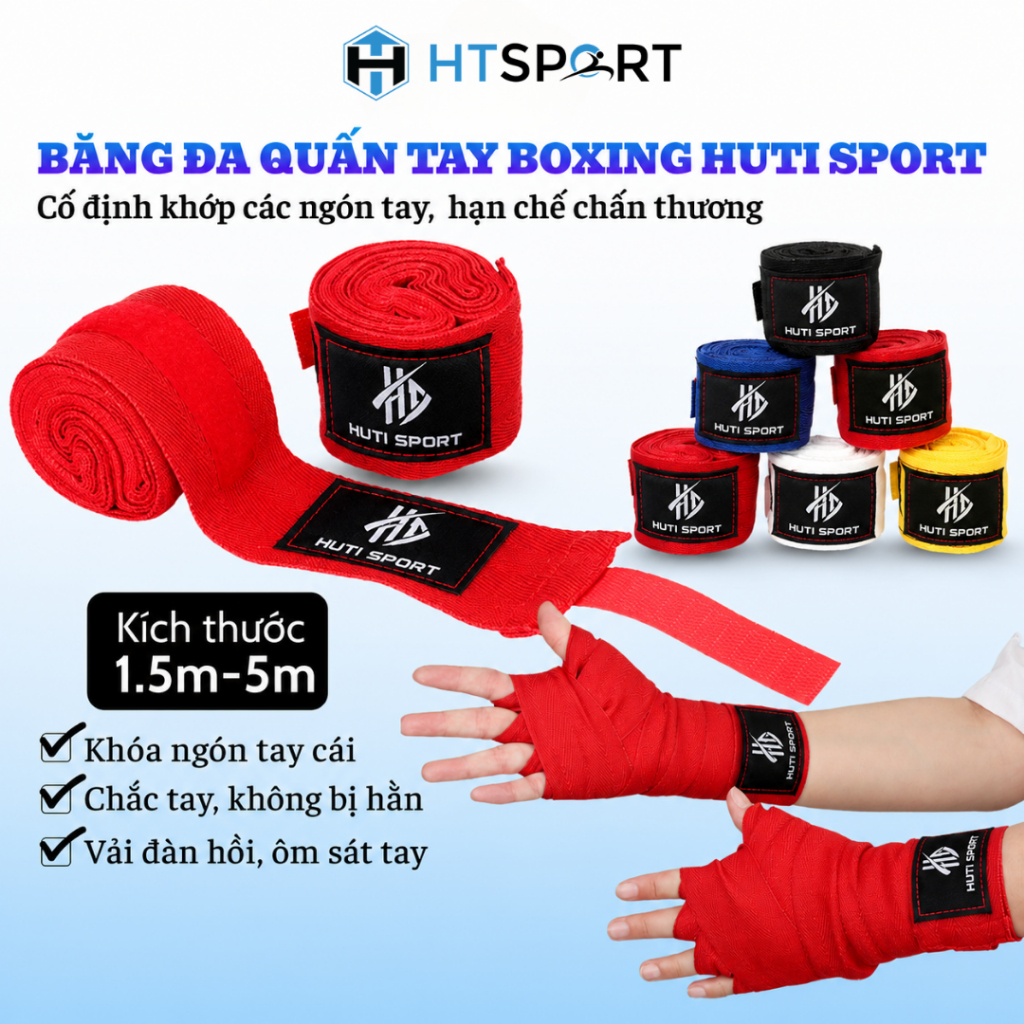 Băng Đa Boxing Quấn Tay HUTI SPORT, Đai Quấn Bảo Vệ Tập Luyện Muay Thái Đấm Bốc Võ Thuật Nam Nữ Trẻ Em